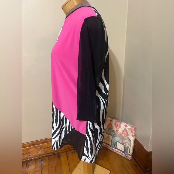 Verducci Womens Blouse/Tunic Pink & Black With Mesh Sleeves Size XL Stretchy - Picture 3 of 8